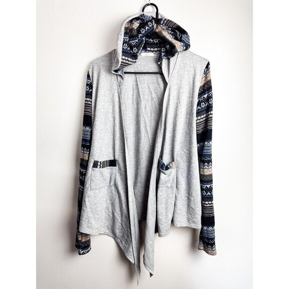 Mon Ami Contrast Sleeve Draped Front Cardigan Small Gray Blue Printed Hooded - Picture 1 of 5